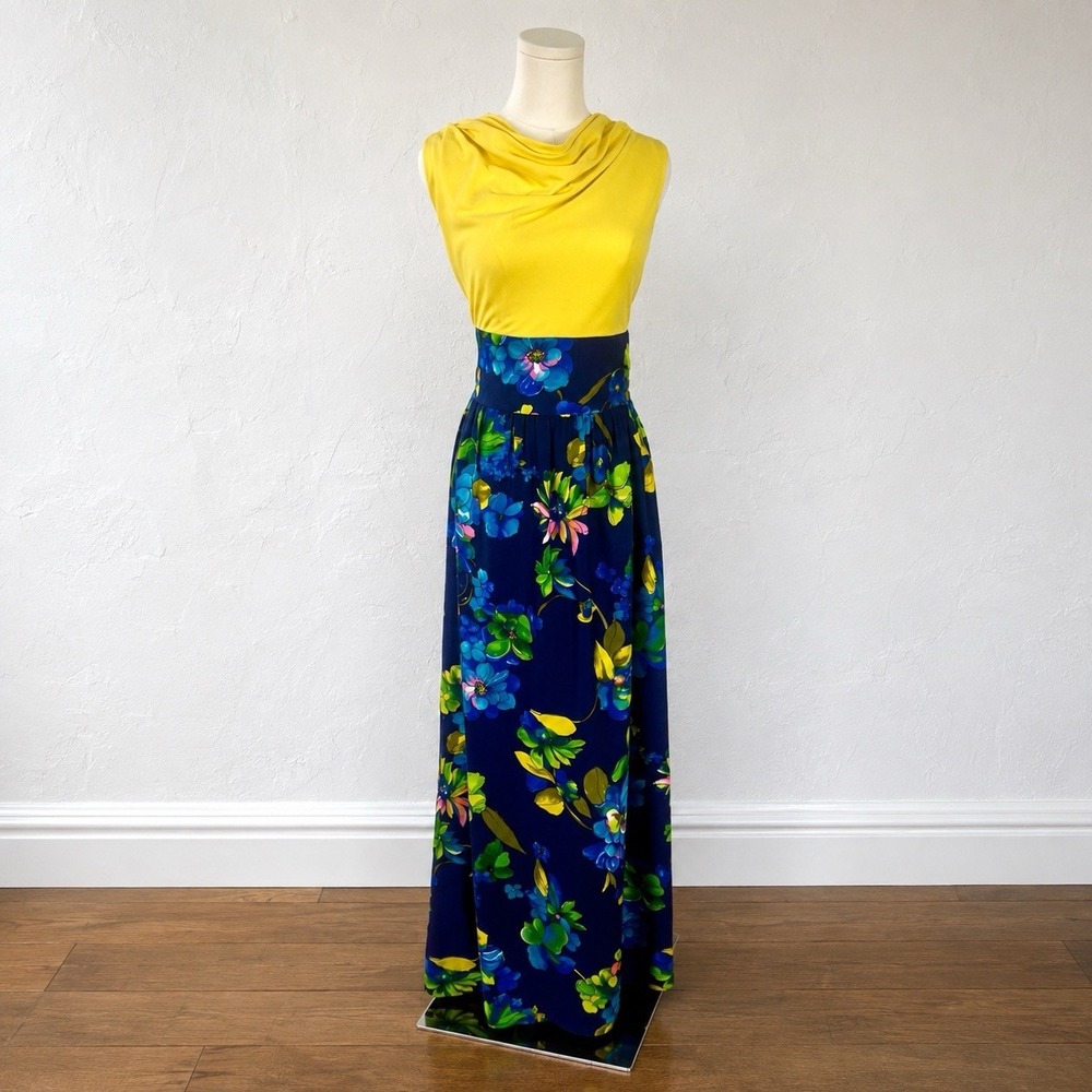 Vintage 1960s Maxi Floral Hawaiian Tiki Dress Yellow Blue Size Medium California